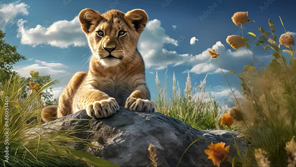 Wall mural lion cub sitting on top of a rock in a field of grass. created with generative ai.