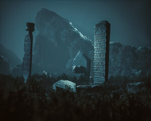 Ancient graveyard in misty night.