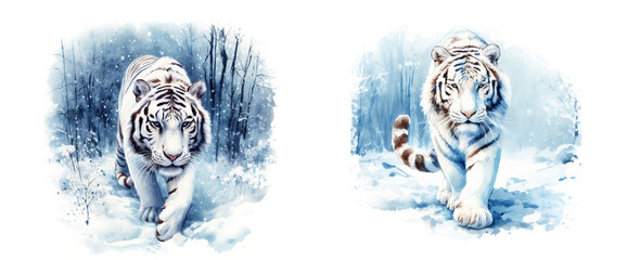 Watercolor portrait of tiger. Winter snow and forest landscape. AI generated - 686051690