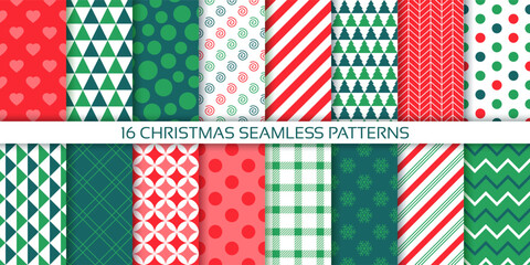 Christmas seamless pattern. Xmas background. Holiday New year prints with polka dot, tree, check, stars and triangles. Set of noel textures. Red green wrapping papers. Vector illustration