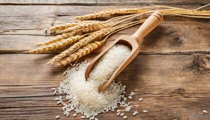 Fototapeta na wymiar wooden grain scoop with pile of scattered white rice