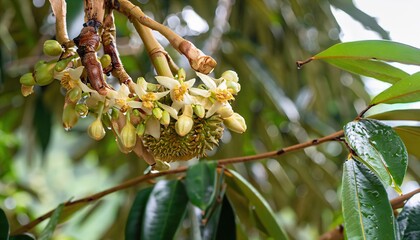 Fresh durian flowers and buds on the tree
