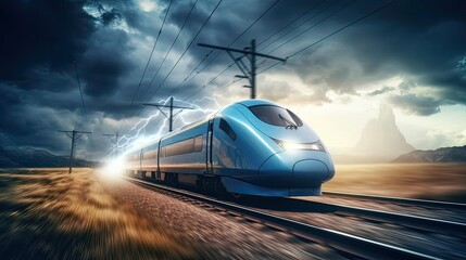 Rapid high-speed train disappearing into the distance on the railway. Velocity, transportation, rapid, vanishing point, sleek, locomotive, distant, speed, motion blur. Generated by AI.