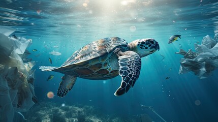 Obraz premium A lifelike snapshot of a sea turtle navigating through a polluted dirty plastic seascape
