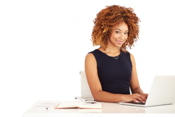 Laptop, desk and portrait of business woman typing email, report or project on internet in startup. Face, happy professional or creative copywriter writing blog isolated on transparent png background