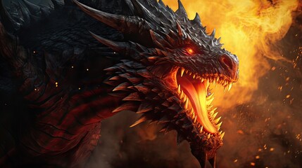 A majestic dragon exuding power and grandeur with its fiery breath. Mythical creature, fiery exhalation, powerful, majestic beast, fantasy art, fire-breathing. Generated by AI. - obrazy, fototapety, plakaty