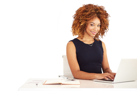 Laptop, desk and portrait of business woman typing email, report or project on internet in startup. Face, happy professional or creative copywriter writing blog isolated on transparent png background