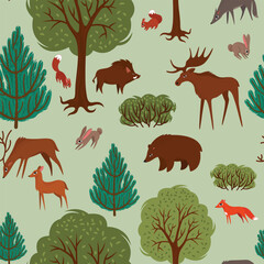 seamless pattern animals in the autumn forest