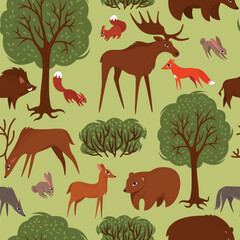 seamless pattern animals in the autumn forest