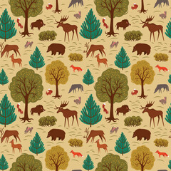 seamless pattern animals in the autumn forest