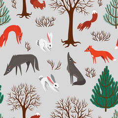 seamless pattern winter in the forest and wild animals