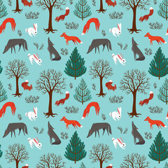 seamless pattern winter in the forest and wild animals