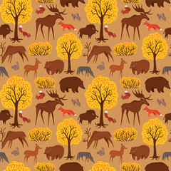 seamless pattern animals in the autumn forest
