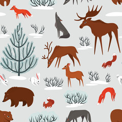 seamless pattern winter in the forest and wild animals
