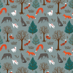 seamless pattern winter in the forest and wild animals