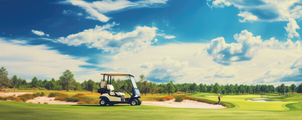 Fototapeta premium Golf green resort in beautiful sport day. Modern golf sport location