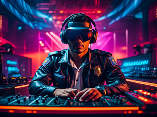 A police character, working a DJ booth