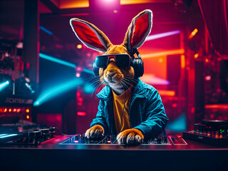 A rabbit character, working a DJ booth
