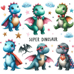 Cute super dinosaur with watercolor illustration