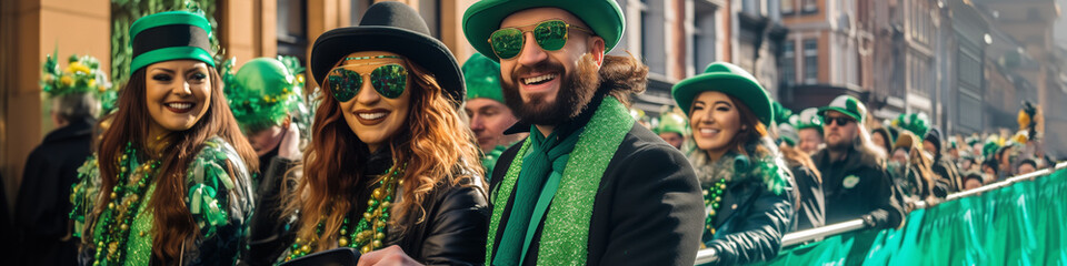 St Patrick's day concept - parade in Dublin with cheerful people - obrazy, fototapety, plakaty