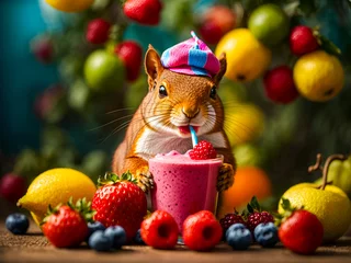 Schilderijen op glas A squirrel holding a straw, with colorful fruit smoothie,  blending the idea of enjoying a fresh drink © Meeza