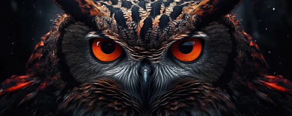 Zelfklevend Fotobehang Owl eyes detial. Predator bird look close up. © Alena