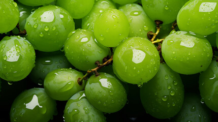 Close up grapes background with leaves. Aerial view photo of green grapes with water drops. Juicy...