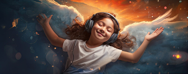 Funny happy kid flying in dreams and wearing modern headphones.