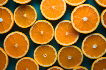 Orange fruits on blue background. Aerial view photo of oranges cut in half, in aerial top view. Close up orange slices. Orange flavour advertisement and promotion concept.