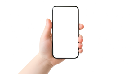 Man's Hand holding smartphone, Mockup phone hand. phone screen for Infographic Global Business web site design. Isolated on Transparent background.