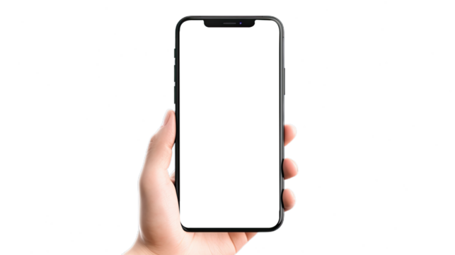 Man's Hand holding smartphone, Mockup phone hand. phone screen for Infographic Global Business web site design. Isolated on Transparent background.