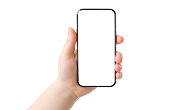 Man's Hand holding smartphone, Mockup phone hand. phone screen for Infographic Global Business web site design. Isolated on Transparent background.