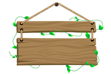 Vector blank wooden board hanging on rope with tropical leaves