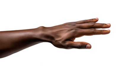 Black african american man hand trying to reach something. Isolated on Transparent background.