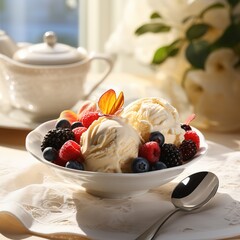 creamy vanilla ice cream scoops served on a white ceramic bowl with berries, placed on a table 