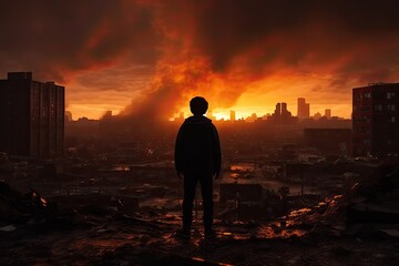 Fototapeta premium Young adult standing in cityscape skyscrapers sunset nature 