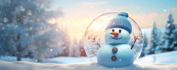 Happy snow man in christ mass ball. Christmass concept wide banner. Snow and flakes against blur...