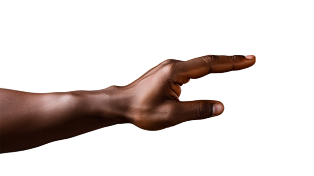 Black african american man hand trying to reach something. Isolated on Transparent background.