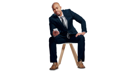 Business man, portrait and smartphone on chair for typing, social network and mobile chat isolated on transparent png background. Happy worker scroll on phone, news app and search digital information