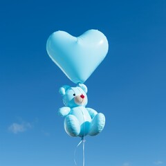 An isolated blue teddy bear with a heart-shaped balloon, floating against a clear sky