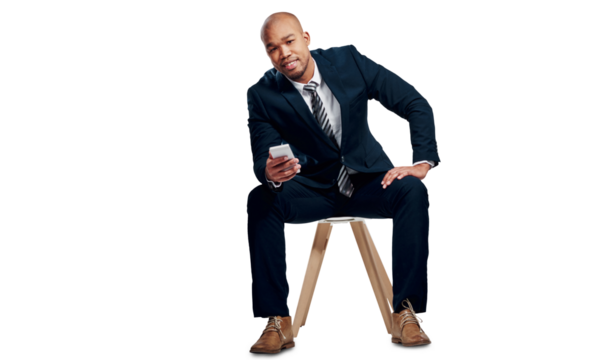 Business man, portrait and smartphone on chair for typing, social network and mobile chat isolated on transparent png background. Happy worker scroll on phone, news app and search digital information