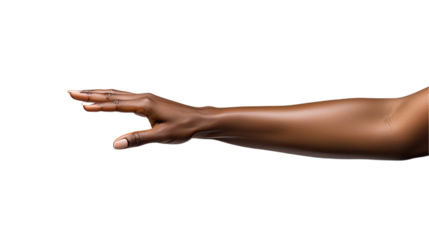 Black african american woman hand trying to reach something. Isolated on Transparent background.