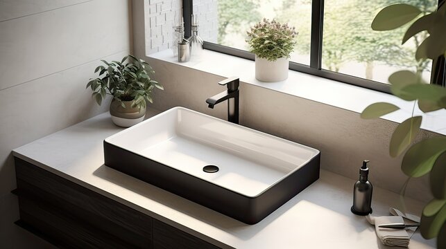 A skilled plumber diligently fits a contemporary sink into a chic bathroom with expertise. Sink installation, contemporary bathroom upgrade, skilled craftsmanship. Generated by AI.