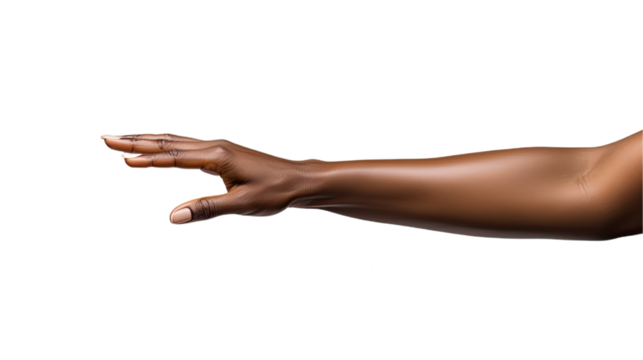Black african american woman hand trying to reach something. Isolated on Transparent background.