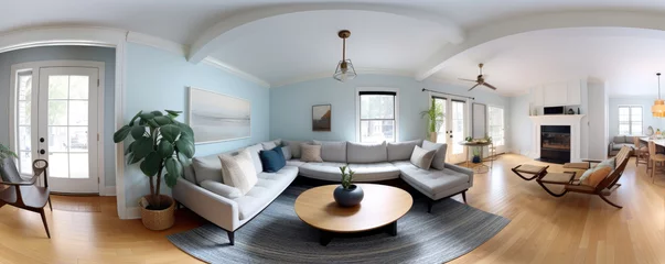 Fotobehang 360 living room panorama interior. Modern high degree definition. © Alena