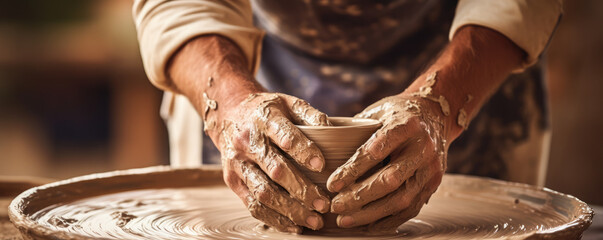 Pottery detail. Detail process of a potter's hands making a clay from ceramic. - Powered by Adobe