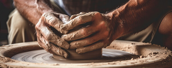 Pottery detail. Detail process of a potter's hands making a clay from ceramic. - obrazy, fototapety, plakaty