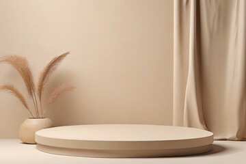 Travertine round podium in serene spa setting perfect for showcasing beauty products 