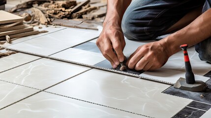 Precision, skillful craftsmanship, accurate measurement, tile cutting, flooring perfection, attention to detail, renovation, professional. Generated by AI.