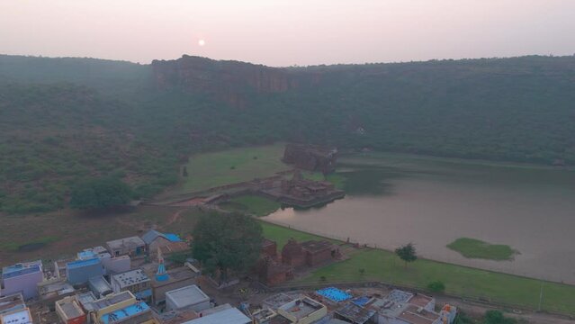 Badami cave temple aerial view at sunrise located in Karnataka, India